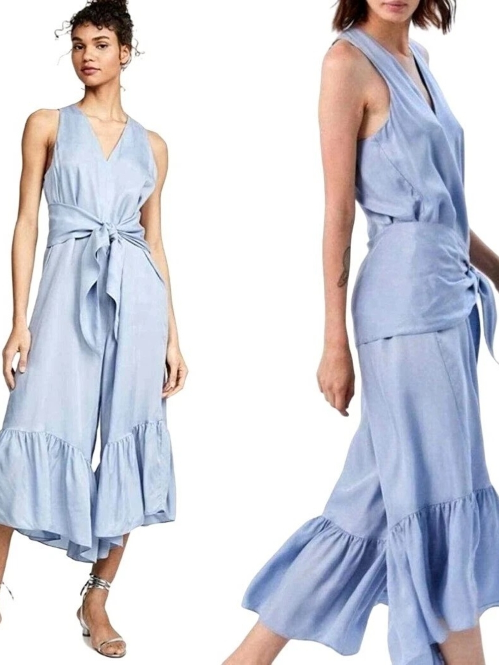 Tibi Light Blue Tie-Waist High-Low Midi Dress